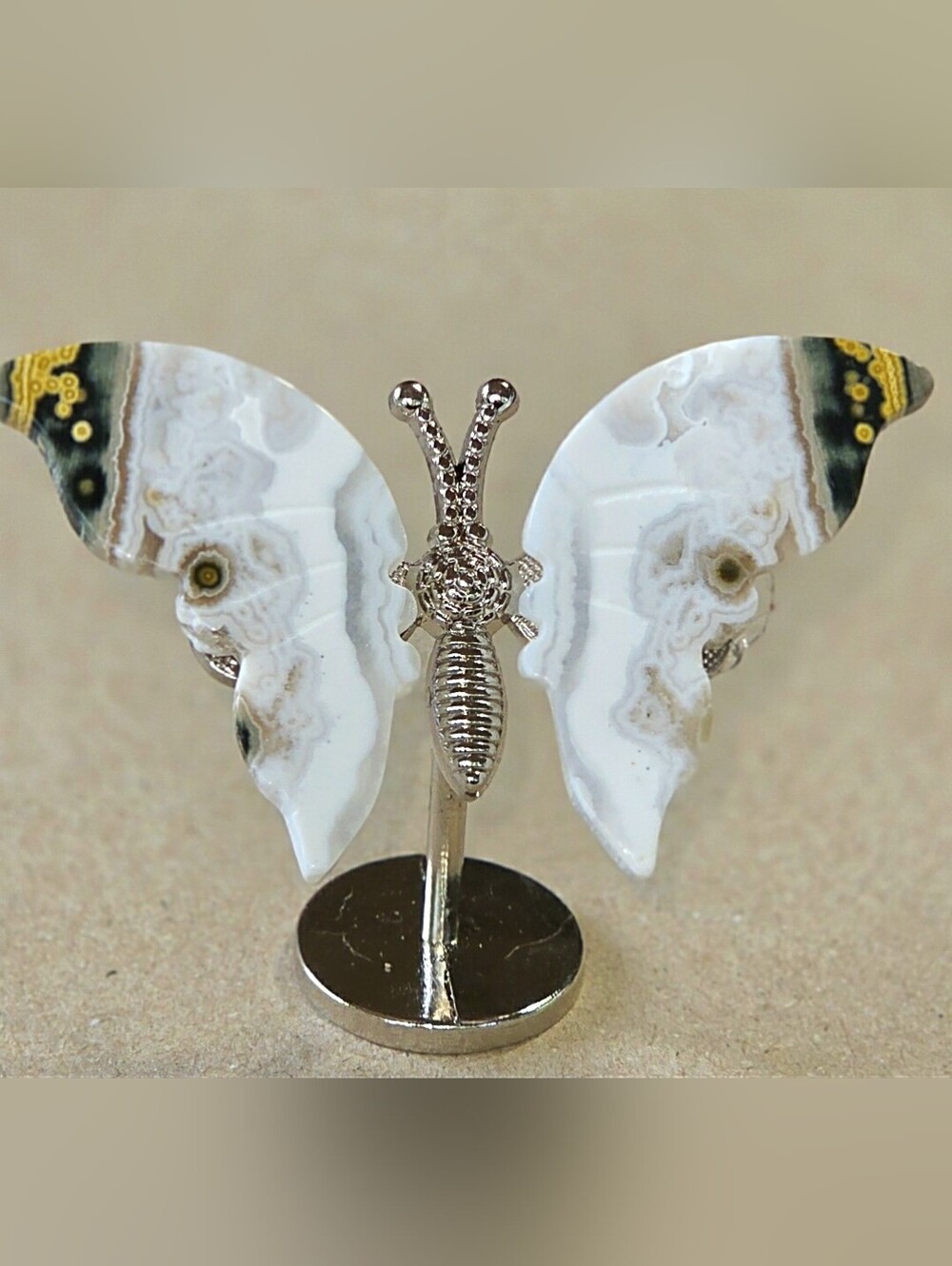 Mexican Crazy Lace Agate Butterfly Figurine with Silver Metal Stand